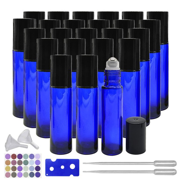 BEGIKET 24 Pack Essential Oil Roller Bottles, 10ml Cobalt Blue Roller Bottles with Stainless Steel Roller Balls Leak Proof Roll on Bottles for Travel Perfume Essential Oi