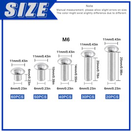 Glarks 200Pcs M6x6/10/14/20/25mm Aluminum Brazier Head Solid Rivets Length 6mm 10mm 14mm 20mm 25mm Aluminum Rivets Fasteners High Corrosion Resistance for Metal Joining and Repair