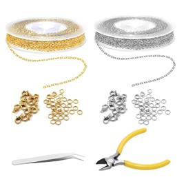 Carreneu 2 Rolls 5 m Link Chain Gold Link Chain Silver, Stainless Steel Chain Sold by the Metre with Lobster Clasp and Jump Rings, Chains Crafts for DIY Link Chain with Pliers Tweezers (Gold, Silver)