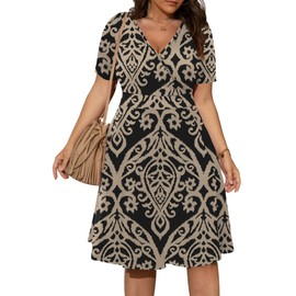POSESHE Womens Plus Size Dresses V-Neck Sundress Casual Summer Short Sleeve Beach Dress with Pockets,Khaki Floral,3XL