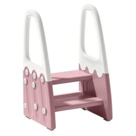 Two Step Stool with Handrails for Toddler and Kids, Standing Learning Stool Tower for Bathroom Sink, Potty Training, Children Step Up Learning Helper with Handles (Pink-White)