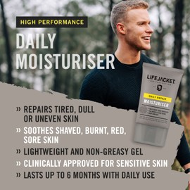 LifeJacket Daily Repair Moisturiser for Men (100ml) Overnight Hydration Face Cream, Anti-Ageing, Anti Wrinkle, Light, Non-greasy, Cruelty free, Clinically Approved for Sensitive and Dry Skin