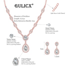 GULICX Jewelry Set for Womens, Rose Gold Plated Teardrop Rhinestone Wedding Bridesmaid Prom Jewelry Set Pendant Necklace Drop Dangle Earrings Set for Brides