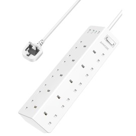 10 Way Extension Lead with USB Ports(2 USB C), ANVODE Multi Plug Power Strip with Switch, Plug Extension Socket for Home Office Dorm, 2M Extension Cord, White
