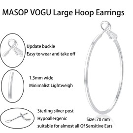 925 Sterling Silver Hoop Earrings - 14k White Gold Plated Larg Hoop Earrings Big Hoop Earrings Set Hypoallergenic Lightweight Thin Silver Hoop Earrings for Women 70MM