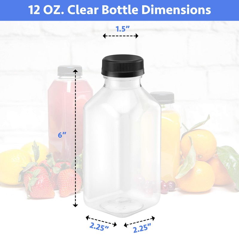 12 oz. Plastic Clear Empty Bottles with Black Caps for