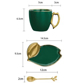 All-Pie 2 Sets of Espresso Coffee Cups and Saucer 300ml Ceramic Tea Cups with Spoons, Green