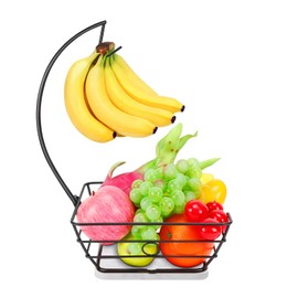 Livabber Countertop Fruit Basket Bowl with Banana Hanger, Modern Standing Fruit Vegetable Bowl Storage, with Banana Tree Holder for Kitchen Dinning Table (Square Marble, Black)