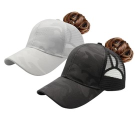 ProMindFun Womens Ponytail High Messy Bun Hats Distressed Baseball Caps Unconstructed Washed Dad Hat Girls Trucker Ponycaps