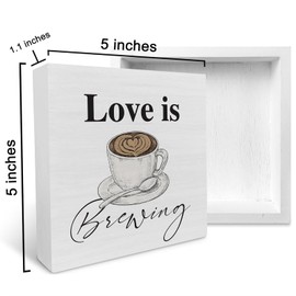 FixeLLD Country Love is Brewing Coffee Wood Box Sign Decor Desk Sign Coffee Lover Wooden Box Block Sign Rustic Home Kitchen Shelf Tabletop Wall Decoration 5x5 Inch