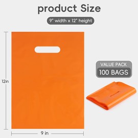 POPGIFTU Orange Plastic Carrier Bags100 Pack - 23x30cm Glossy Orange Shopping Retail Bags with Handles for Party Favors, Birthday, Boutique, Trade Shows, Small Business & Retail Store