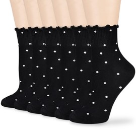 Mcool Mary Women's Ruffle Socks,Casual Ankle Breathable Knit Cotton Cute Polka Dot Crew Black Frilly Sock 6 Pack