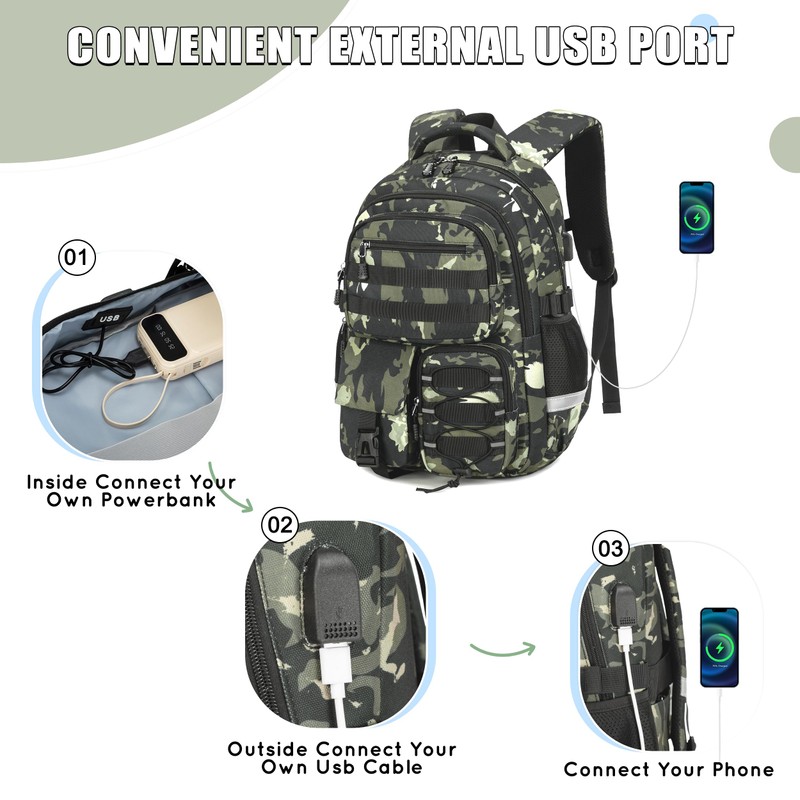 Tecoloy Camo Backpack for Boys, 3PCS Tactical Kids Backpack Boys