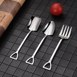 TAORANJU Creative Shovel Spoon Fork Set, 6 Pcs Stainless Steel Coffee Spoons Shovel Shape Tea Spoons Dessert Spoons Stirring Spoon Ice Cream Spoon Sugar Spoon for Party