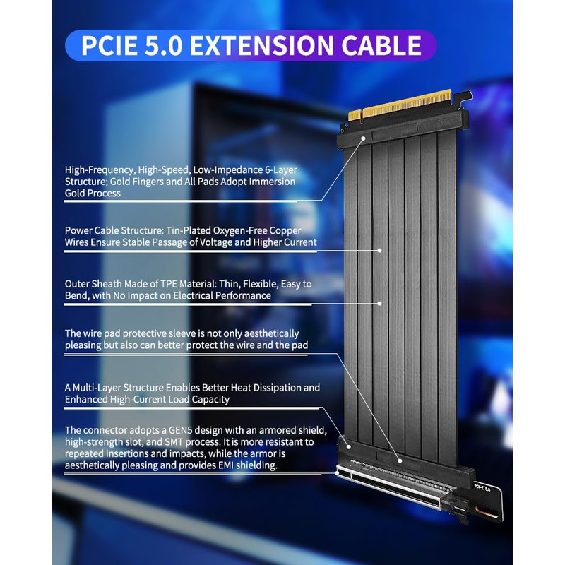 UPSIREN PCIE 5.0 x16 Riser Cable 20cm - 128GB/s Bidirectional