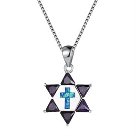 Blue Opal David Star and Cross Crucifix Necklace, Crystals Fire Opal Cross Pendant, Hexagram Collar with Birth Stone Statement Necklace, Agate