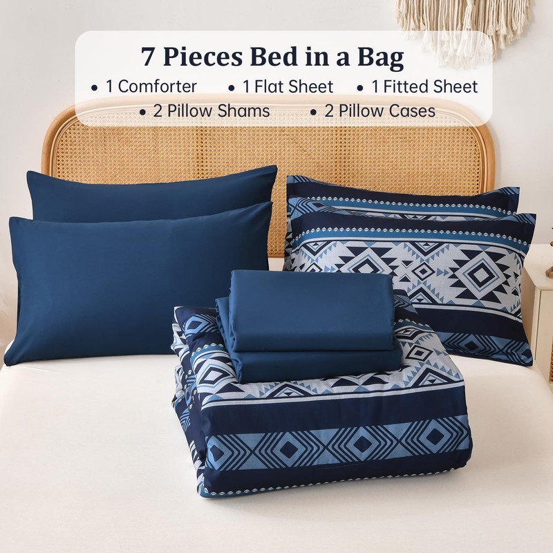 Anibedding Navy Blue Comforter Set Queen Size,7 Pieces Boho Bed