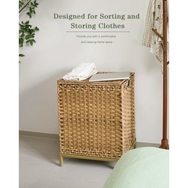 SETVSON Laundry Hamper with Lid, 112 L Handwoven Rattan Wicker Laundry Basket, 2 Removable Liner Bags Metal Heightened Feet, 6 Mesh Bags, 2 Section Large Clothes Hamper for Bathroom Bedroom, Natural