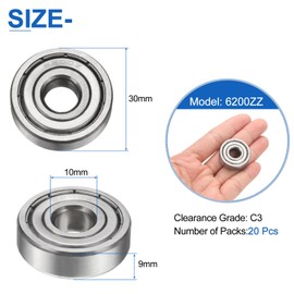 sourcing map 20pcs 6200ZZ Deep Groove Ball Bearings 10 x 30 x 9mm Carbon Steel Double Shield Bearings C3 Clearance Grade for Electric Motor, Home Appliances, Garden Machinery, Silver
