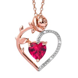 Diamond Classic Jewelry Lab Created Rose Heart Flower Necklace Ruby in 14kt Rose Gold Plated Sterling Silver - 18 Inch Chain
