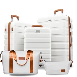 AnyZip Luggage Set 5 Piece PC ABS Hardshell Lightweight Suitcases for Travelling with 4 Universal Wheels TSA Lock Carry on Suitcase White Brown