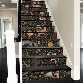 REDAMANCY Vintage Dark Black Animals Forest Rabbits Deer Peel and Stick Vinyl Stair Riser Decals Staircase Tile Stickers Decor Modern Marble Decoration Self-Adhesive(14 Pcs)