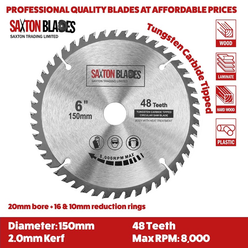 2x Saxton TCT Circular Saw Blades 150mm x 20mm bore