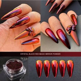 2 Boxes Red Chrome Nail Powder, Red Black Gradient Mirror Effect Aurora Magic Pearlescent Nail Powder Pigment, High Gloss Glitter Nail Art, Holographic Chameleon Dust for Manicure Decoration