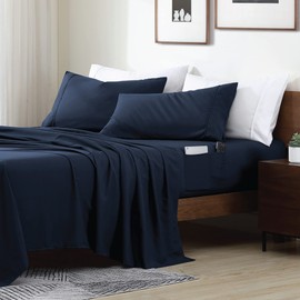Swift Home Smart Sheets, Ultra Soft Brushed Microfiber 3-Piece Sheet Set, Fitted Bed Sheet with Side Storage Pockets – Navy, Twin