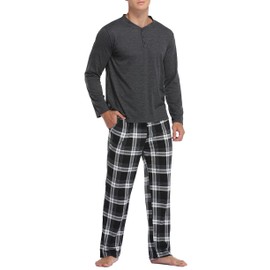 Vlazom Men's Pajamas Set Long Sleeves Soft Pj Top and Plaid Pants for Sleepwear Loungewear with Pockets,A-Black,L