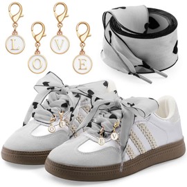YJRVFINE Women Satin Shoe Laces: 1 Pair 55 Inch Grey Flat Snow Yarn Shoelaces with 4 White Charms
