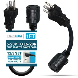 IronBox Electric 6-20P to L6-20R Plug Adapter Power Cord - 20A, 250V, 12/3 SJT - UL Listed Power Cord Extension Cable - Heavy Duty Plug and Connector for Generator, Data Centers & More (1ft, Molded)