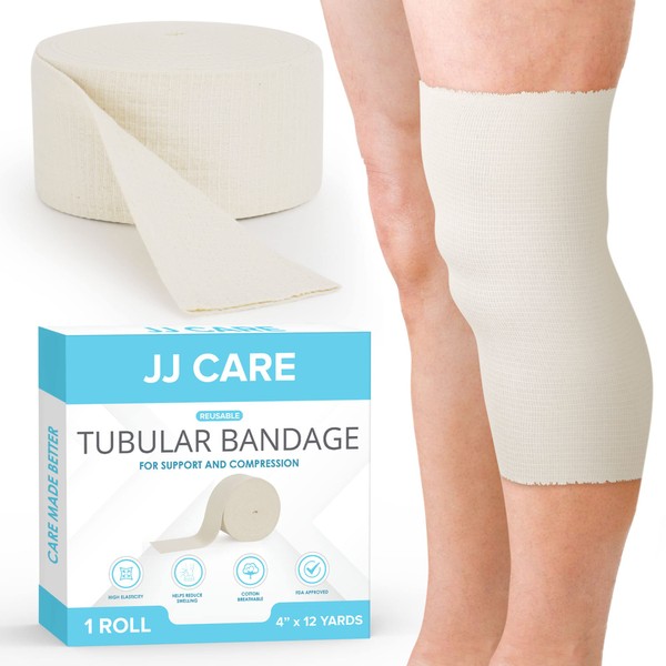 JJ CARE Tubular Bandage, 4” x 12 Yards Stockinette Tubing for Legs and Knees, Size F Reusable Elastic Bandage Sleeve, Tubular Compression Bandage Roll for Ankles and Elbows, Rubber Latex w/Cotton