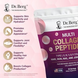Dr. Berg Multi Collagen Peptides Powder Types I, II, III, V, X - Unflavored Collagen Powder w/ 14 g of Protein - Grass-Fed, Pasture-Raised & Wild-Caug