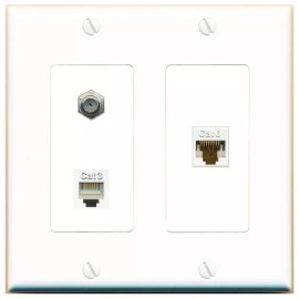 Wallplate City 1 Port CAT6 Ethernet COAX PHONE Wall Plate-2 Gang White