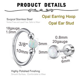 MODRSA 18g 20g Opal Earrings for Women Opal Flat Back Earrings Studs Silver Opal Cartilage Hoop Earring Cartilage Earrings Helix Hoop Earring Tragus Earring Hoop White Opal Daith Earring Hoop 10mm