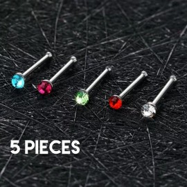 TheNoseyJeweler 5 Piece Lot Surgical Steel Pin Shaped Silver Nose Rings Random Colors Studs 20G