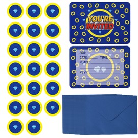 20pcs Blue Cartoon Birthday Invitations, Includes 20 Envelopes & 20 Diamond Sticker Gold Ring & Colorful Gems Theme Cards for Boys Girls Birthday Party Supplies
