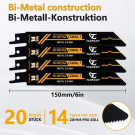 20-Piece Reciprocating Saw Blades Metal Set Saw Blades Reciprocating Saw Metal 150 mm 14TPI Made of HSS, Reciprocating Saw Blade with 8% Cobalt, Metal Saw Blades for Reciprocating Saw, Metal Sheet