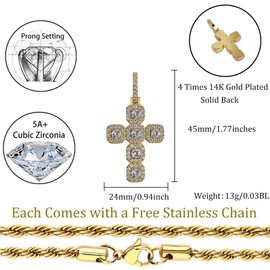 TOPGRILLZ Solid Tennis Cross Pendant 14K Gold Plated Iced Out Necklace Pendant Chain for Men and Women Fashion Gift(Gold)