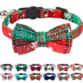 Joytale Upgraded Christmas Cat Collar with Bells, Breakaway Cat Collars with Bow Tie, 1 Pack Girl Boy Safety Plaid Kitten Collars, Christmas Green