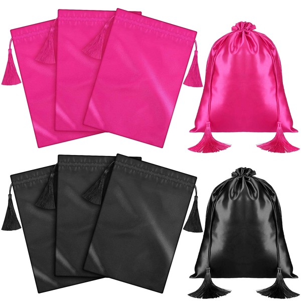 6 Pieces Satin Wig Bags Wig Carrying Bags Hair Drawstring Bags Tassel Packaging Storage Bags Soft Wig Pouches for Wigs Bundles Hair Extension Supplies Home and Salon Use, Black, Rose Red