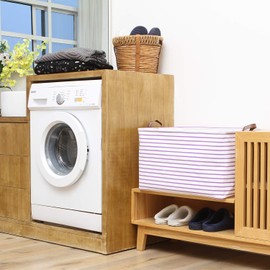 Hinwo 2-Pack Extra Large Canvas Fabric Storage Baskets with Handles, 70L Oversized Storage Bins, Collapsible Storage Box, Clothes, Toys, Blankets Organizers, 22 x 15 x 13 inches, (Purple Stripe)