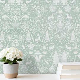 WENMER Peel and Stick Wallpaper, 17.7" x 118" Green Forest Animal Wallpaper, Woodland Contact Paper with Deer Rabbit Fox, Self Adhesive Removable Wall Paper for Living Room Bedroom Nursery