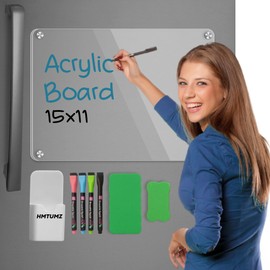 HMTUMZ Acrylic Dry Erase Board, 15 x 11 Inch- Erasable Clear Fridge Calendar with Magnetic Pen Holder & 4 Chalk Liquid Markers- Versatile Acrylic Board for Fridge, Office, School, or Home