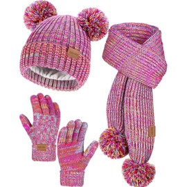 Remifa Kids Winter Gloves Hat Scarf Set for Cold Weather, Girls Fleece Lined Knit Pom Poms Beanie & Neck Warmer & Mittens Kids Christmas Gifts for 9 10 11 12 13 14 15 Years Old Teen Girls - Rainbow