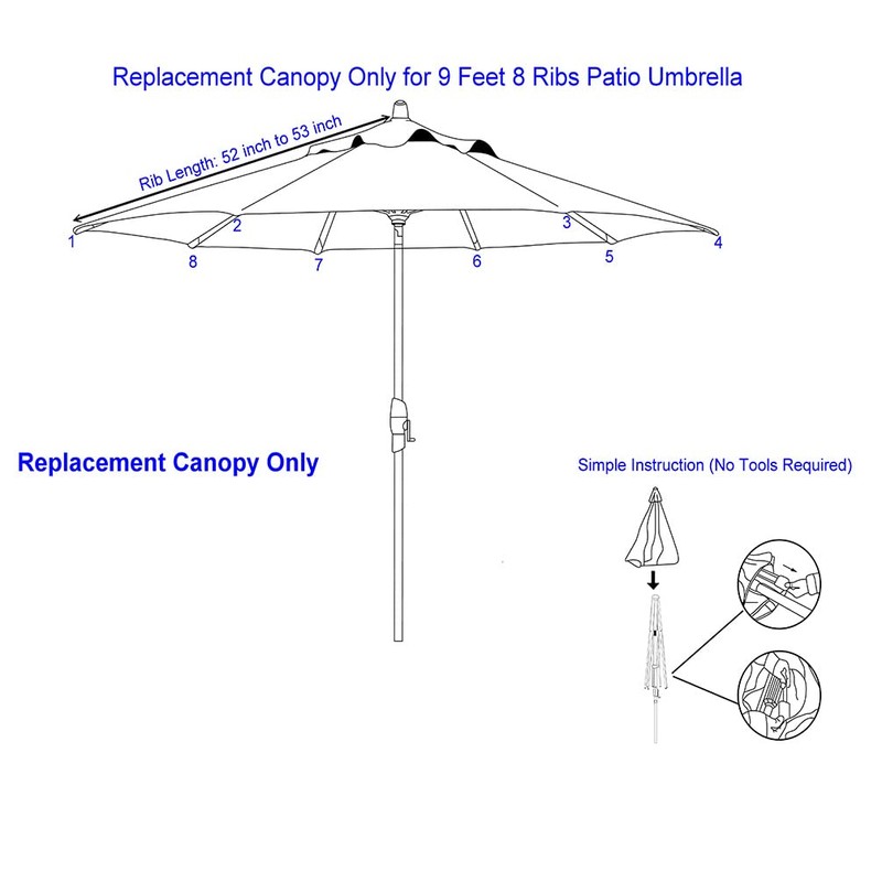 Bayside21 Black Umbrella Replacement Canopy for 9 ft 8 Ribs