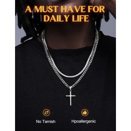 925 Sterling Silver Cross Necklace for Men Women - Stainless Steel Diamond Cut Cuban Link Herringbone Snake Chain Layered Cross Pendant Necklaces Jewelry 18&20 Inches