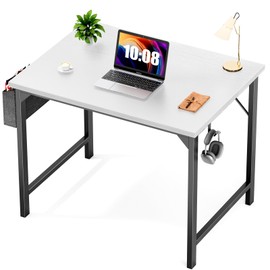 Sweetcrispy Computer Desk, Small Office 32 Inch Writing Work Study Kids Student Teacher Home Bedroom Table with Storage Bag Headphone Hooks & no Wheels - White