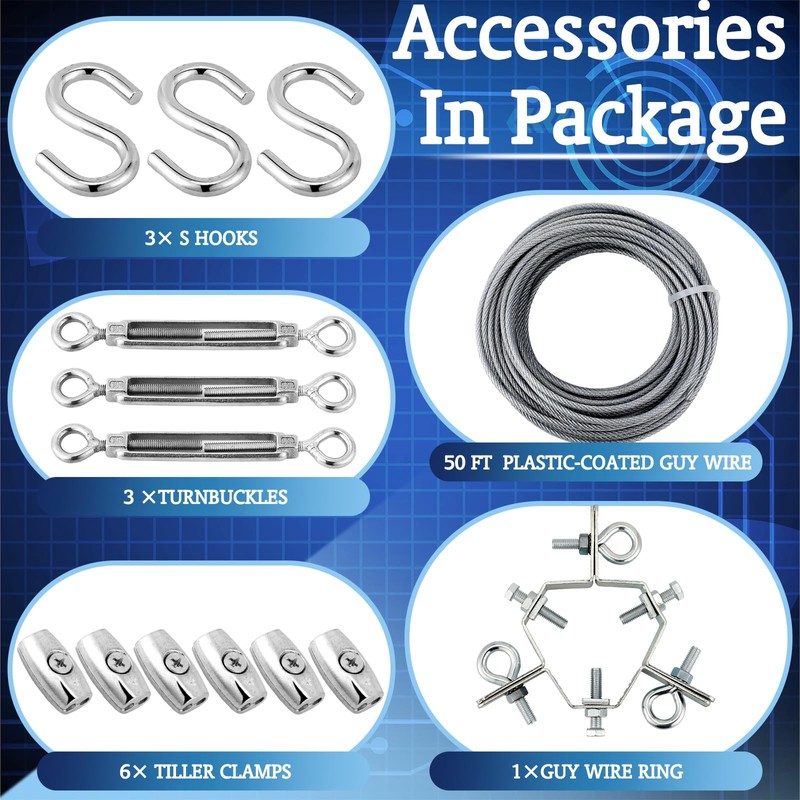 Threlaco Adjustable 3 Way Down Guy Wire Kit Guy Ring